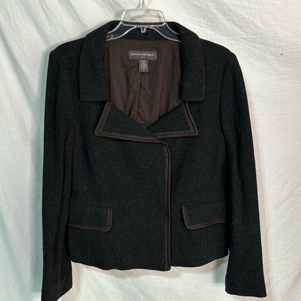 Banana Republic 12 grey woolen double breasted jacket trimmed in brown euc